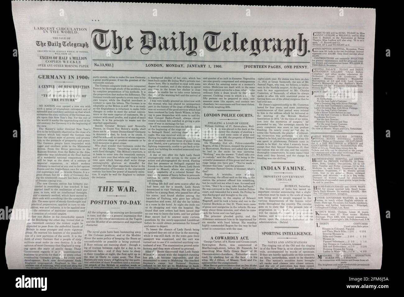 Première page du quotidien Telegraph (réplique) le 1er janvier 1900. Banque D'Images