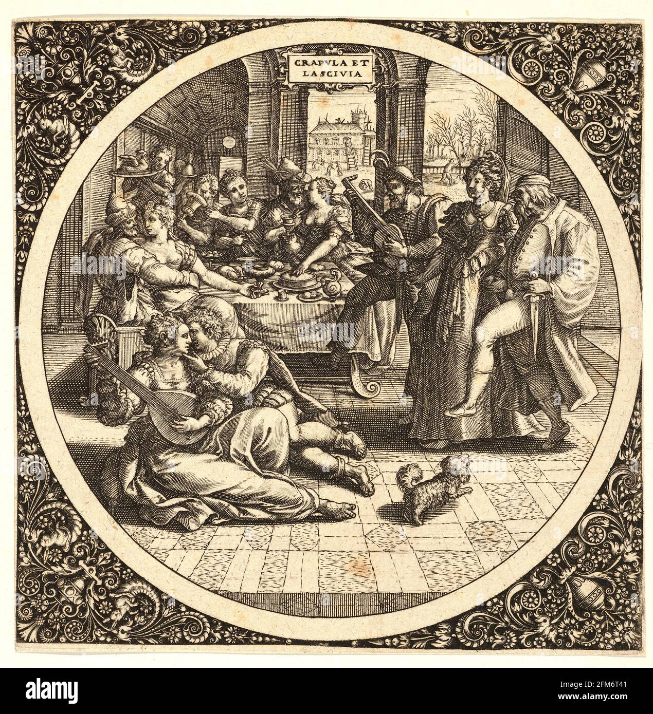 Scène avec les Galants à un banquet dans un cercle à Centre - 1580–1600 par Theodor de Bry Banque D'Images