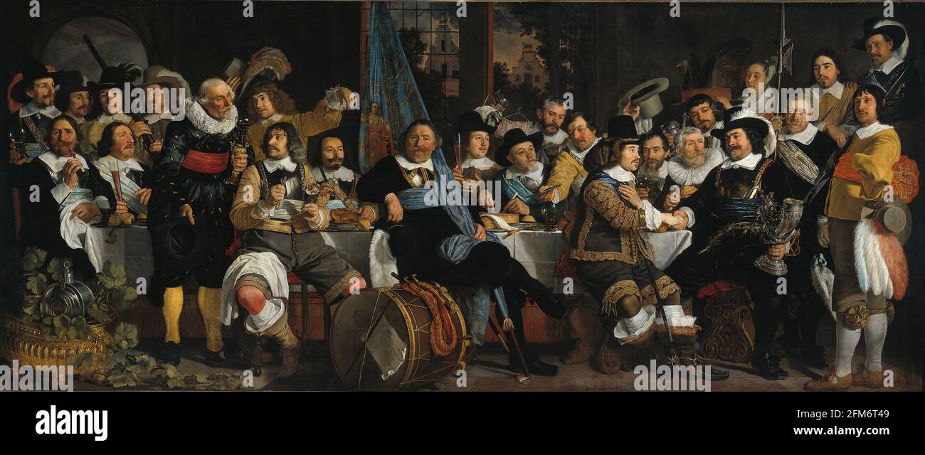La célébration de la paix de Münster, 18 juin 1648, au siège de la garde civique des crossbowmen (garde St George), Amsterdam. Par Bartholomeus van der helst, banquet, barocco, Banque D'Images