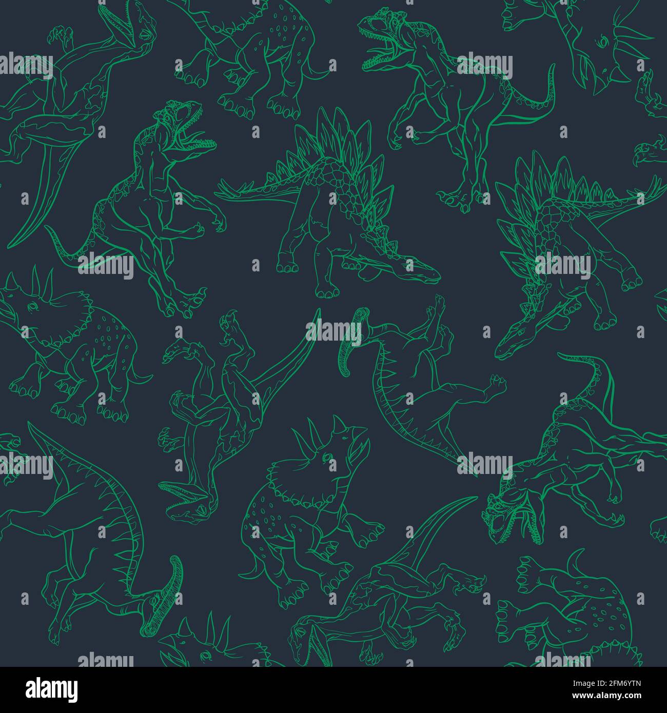 Dinosaures dessinés sur un fond noir avec un contour vert dans le style d'un motif. Illustration vectorielle. Illustration de Vecteur