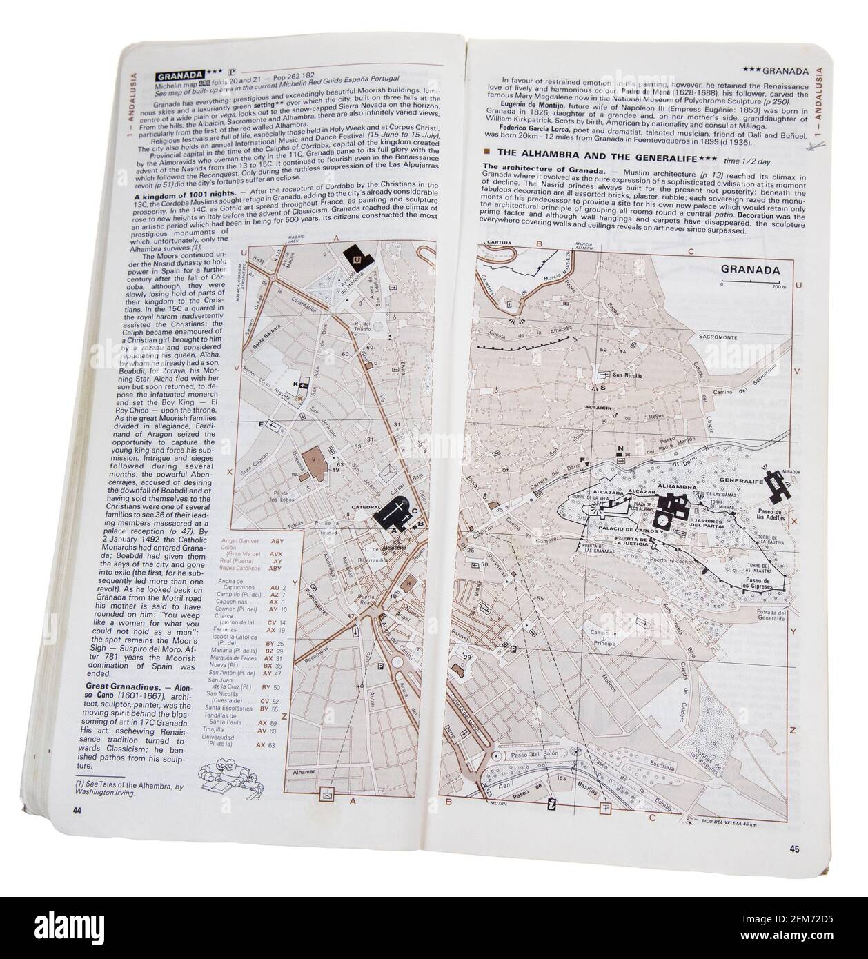 Exemples de pages du guide Mitchelin en Espagne montrant les détails de Grenade, 1987 en anglais Banque D'Images