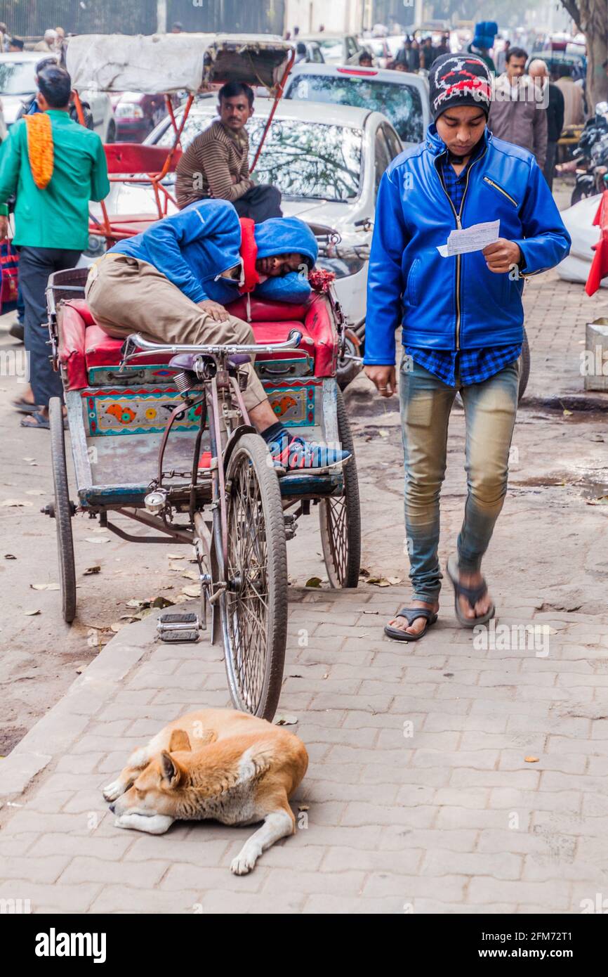 DELHI, INDE - le 24 JANVIER 2017 : un chauffeur de pousse-pousse à cyclo dort dans une rue de Delhi. Banque D'Images