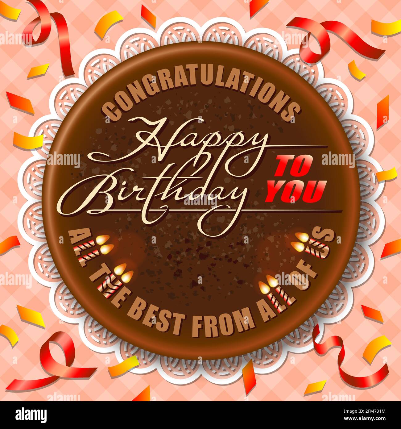 Félicitations concept avec le lettrage joyeux anniversaire calligraphie pour le salut créatif carte avec texte écrit à la main sur le dessus de gâteau cercle de chocolat Illustration de Vecteur