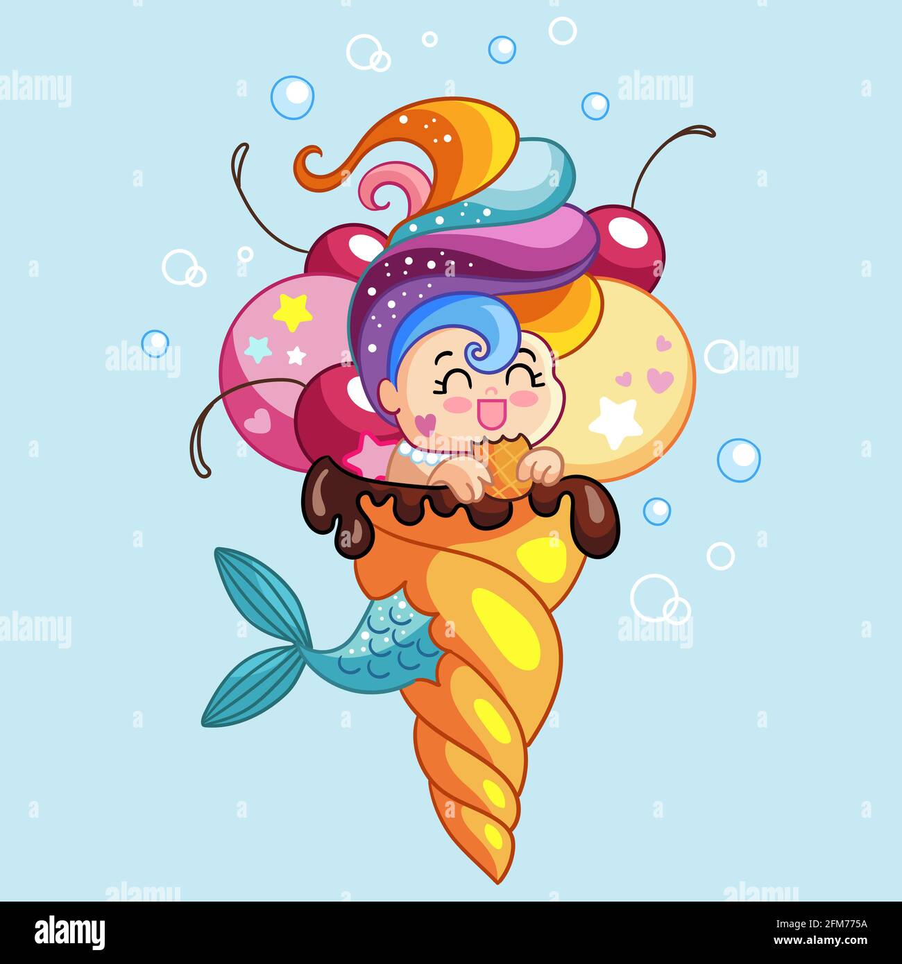 Adorable personnage de sirène kawaii assis dans un cône de glace. Illustration vectorielle isolée. Illustration du stock. Pour la composition d'un t-shirt, imprimez un Illustration de Vecteur