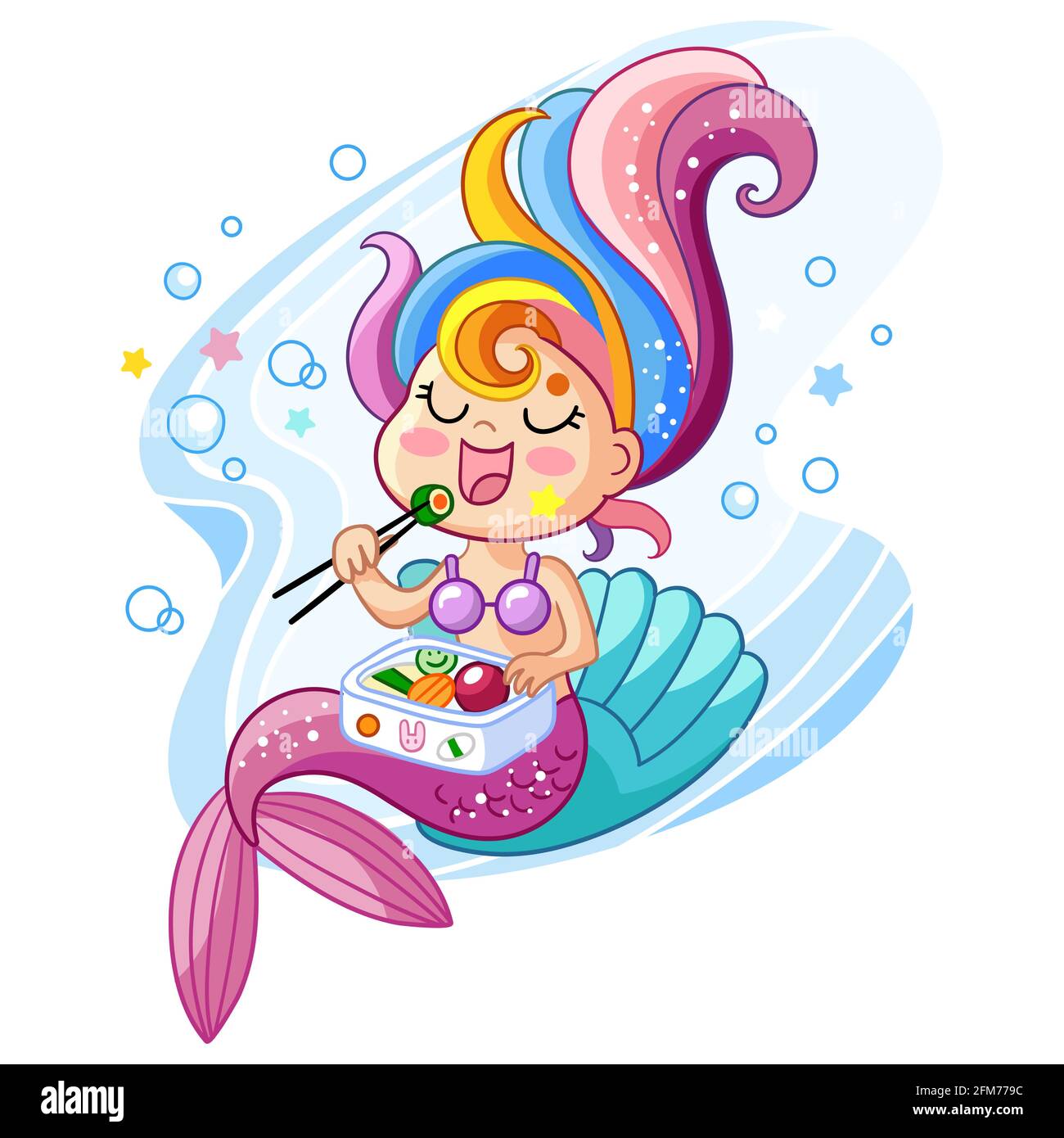 Mignonne kawaii mermaid personnage assis sur une carapace et mangeant des sushis. Illustration vectorielle isolée. Illustration du stock. Pour la composition d'un t-shirt, Illustration de Vecteur