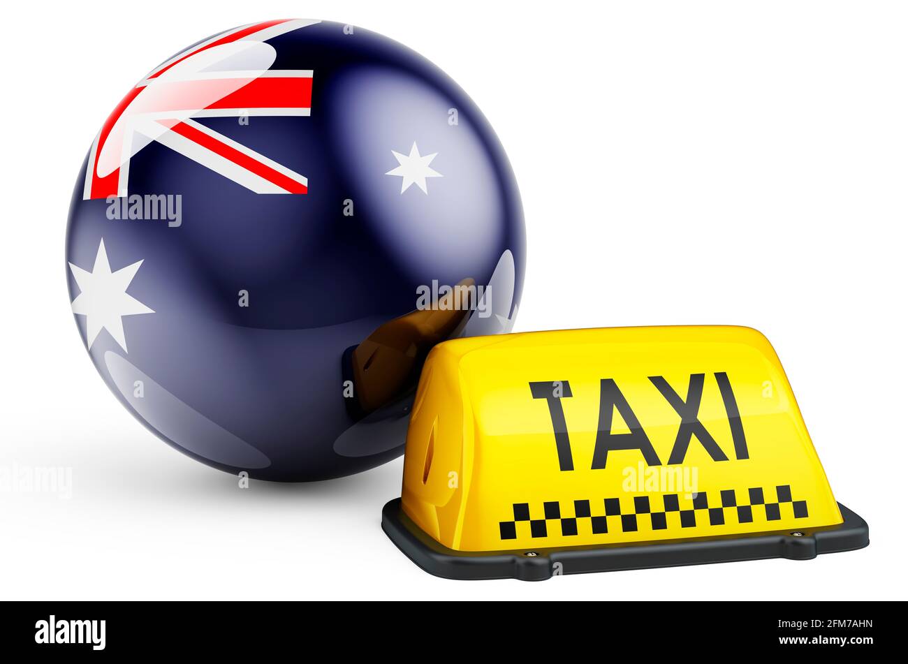 Service de taxi en Australie concept. Panneau de voiture de taxi jaune avec drapeau australien, rendu 3D isolé sur fond blanc Banque D'Images