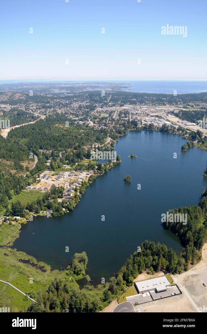 Photo aérienne de Langford et de Langford Lake, île de Vancouver, Colombie-Britannique, Canada. Banque D'Images
