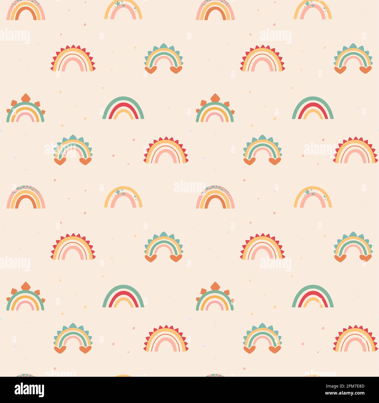 Arcs-en-ciel délicats de style bohémien. Motif vectoriel sans couture sur fond beige. Imprimé plat avec éléments de décoration dino. Pour papier peint, emballages, textiles et bien plus encore Illustration de Vecteur