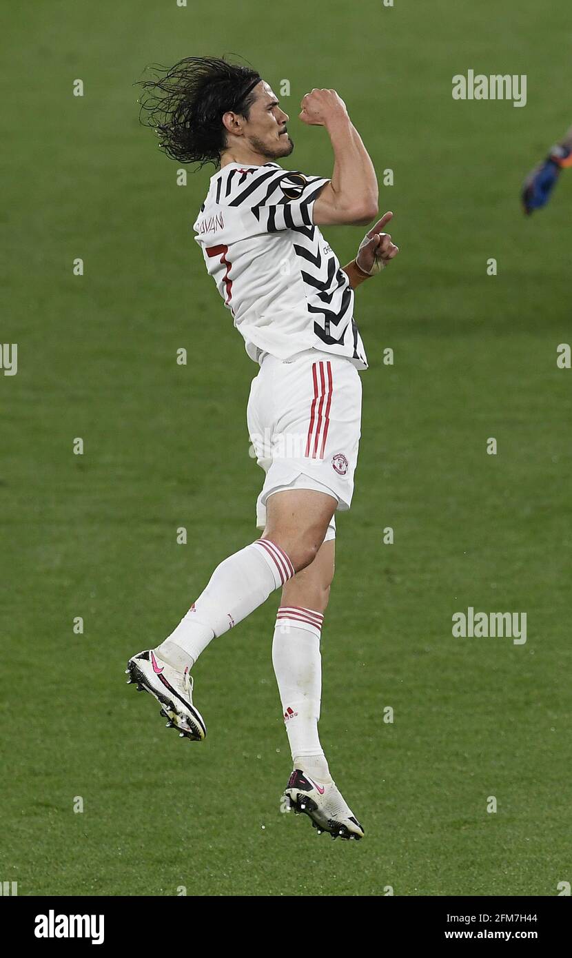 Rome, Italie. 6 mai 2021. L'Edinson Cavani de Manchester United célèbre son but lors du match de football demi-coupe de l'UEFA Europa League entre Roma et Manchester United à Rome, en Italie, le 6 mai 2021. Credit: Augusto Casasoli/Xinhua/Alamy Live News Banque D'Images