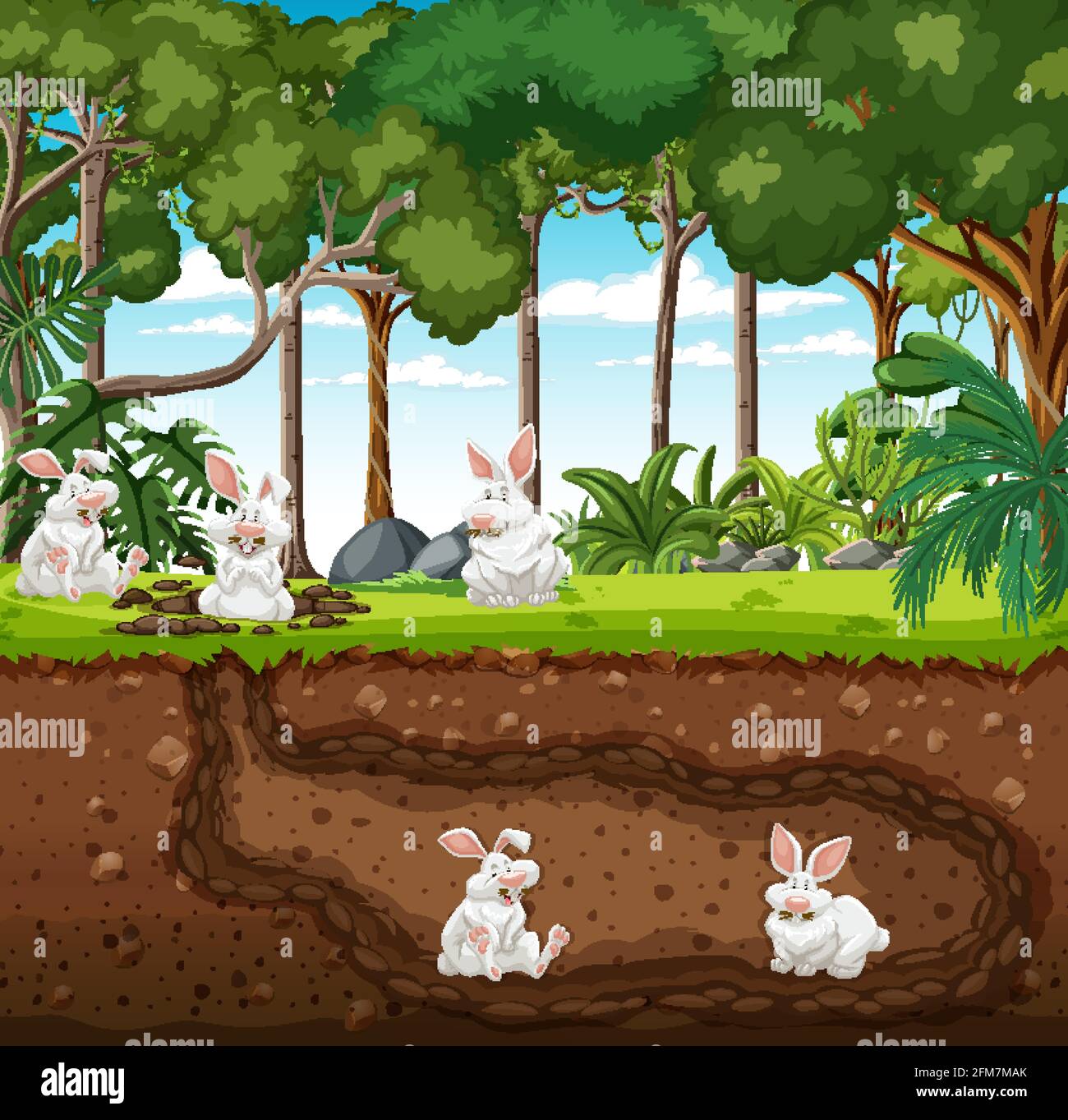 Terrier souterrain avec illustration de la famille de lapins Illustration de Vecteur