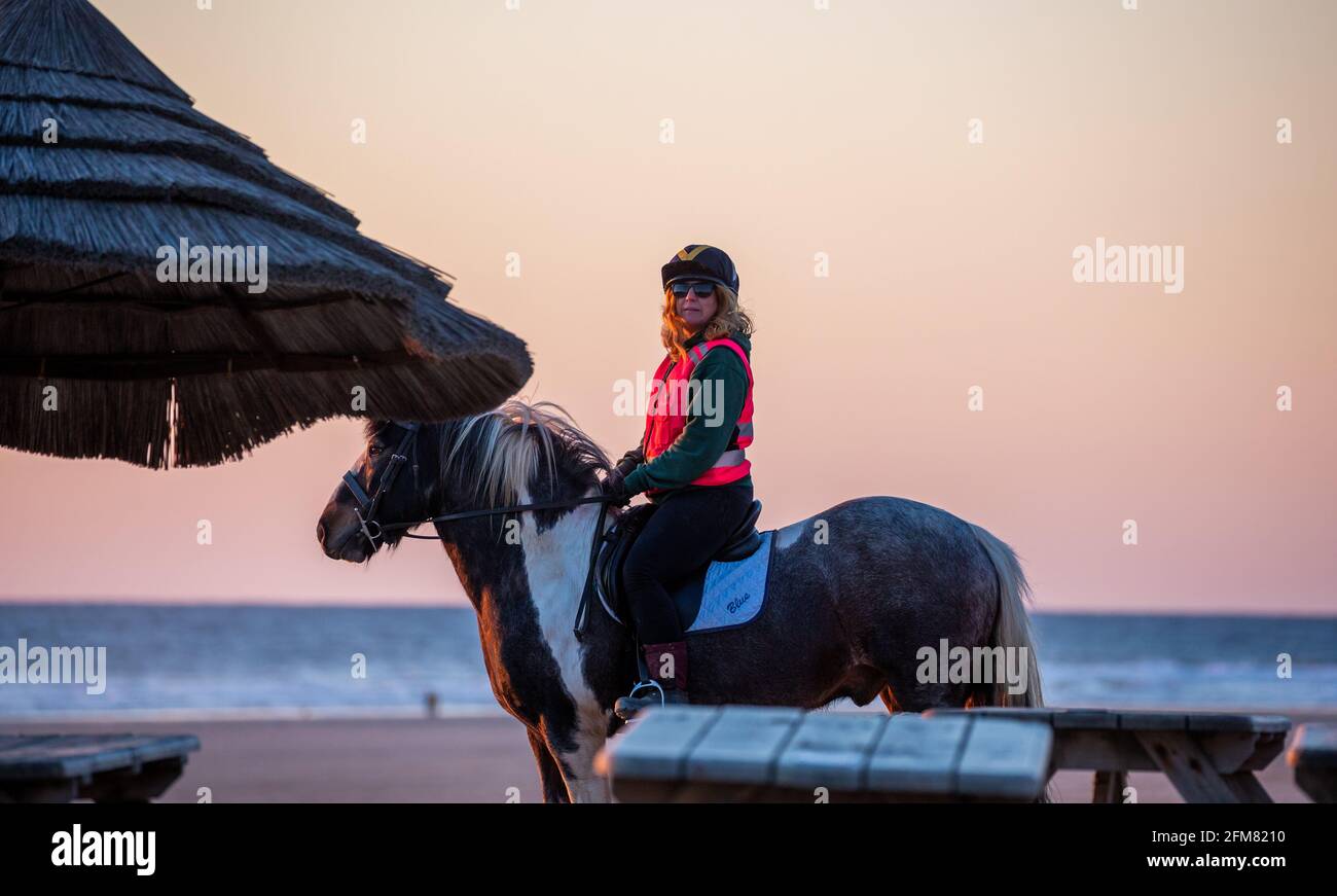 Une dame à cheval près du trou d'eau au coucher du soleil sur Perranporth Beach, Cornwall, Royaume-Uni Banque D'Images