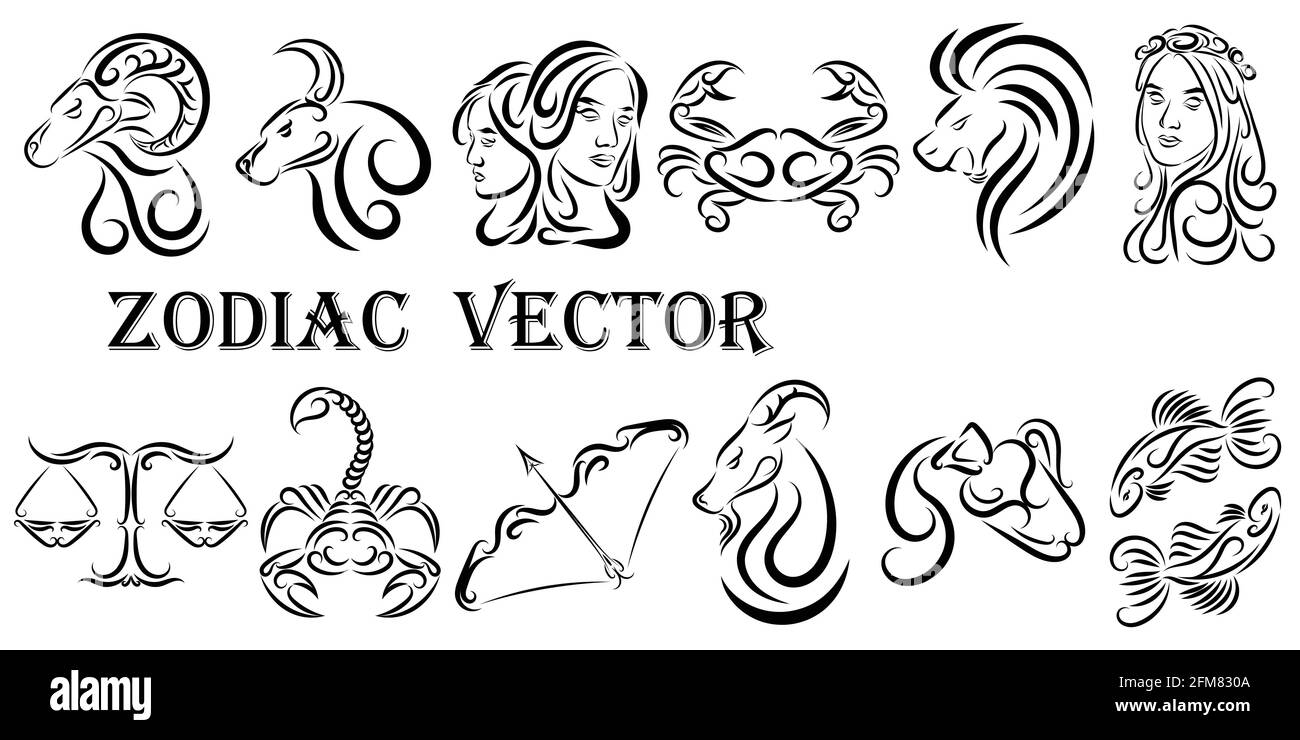 Illustration graphique vectorielle des signes du zodiaque. Tous les signes du zodiaque dans le concept de l'art en ligne: Bélier; Taureau; Gémeaux; cancer; Lion; Virgo; Balance; Scorpion; Sagittar Illustration de Vecteur
