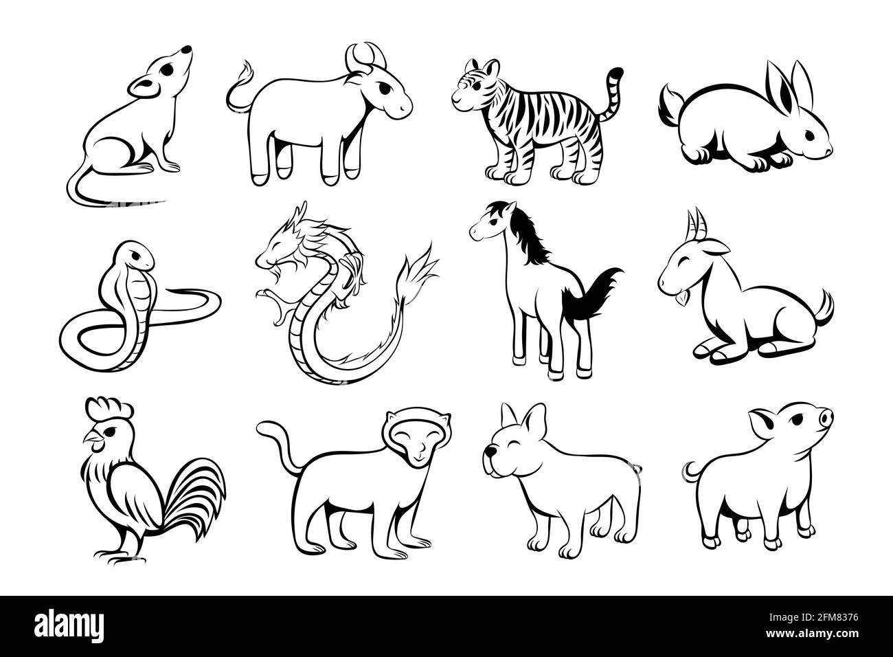 Ensemble de douze symboles d'horoscope lunaire de zodiaque. Concept chinois Bonne Année. dessin animé vectoriel d'art de ligne de douze animaux. Illustration de Vecteur