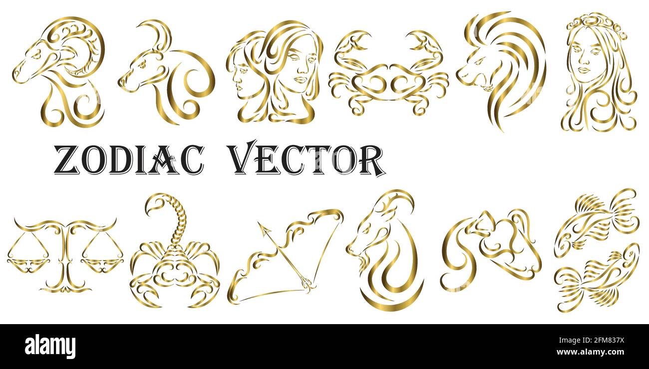 Illustration graphique vectorielle des signes dorés du zodiaque. Tous les signes du zodiaque dans le concept de l'art en ligne: Bélier; Taureau; Gémeaux; cancer; Lion; Virgo; Balance; Scorpion; S Illustration de Vecteur
