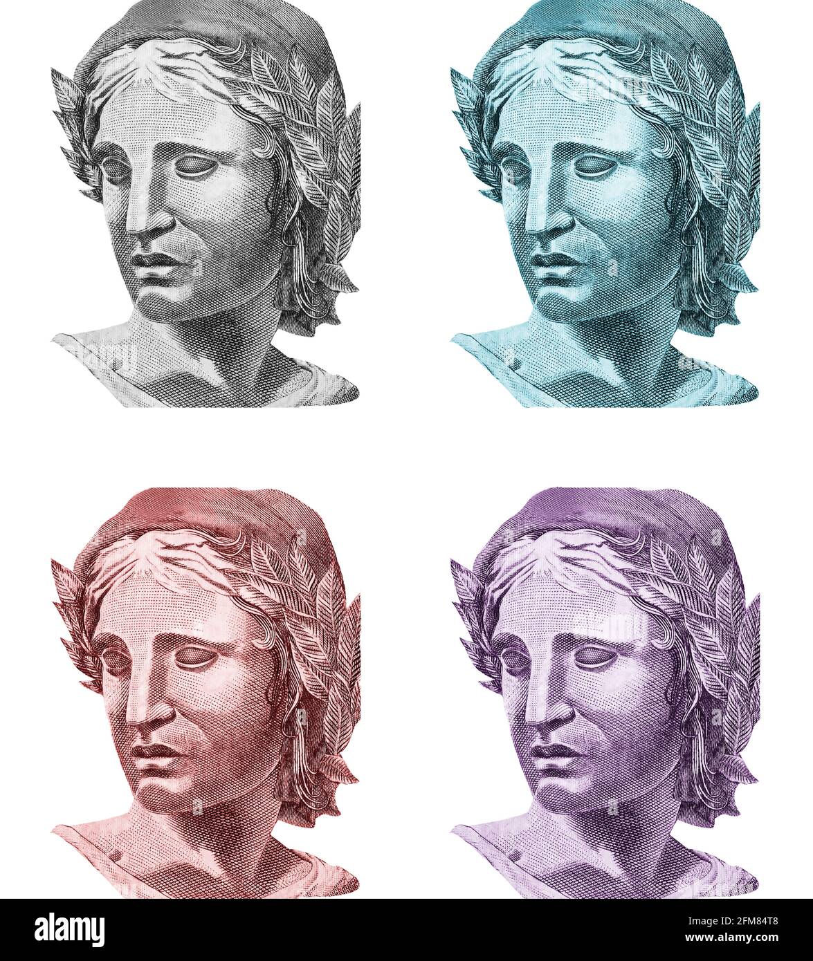 Tête de la République dans différentes couleurs isolées sur fond blanc. Fragmenter les billets du Real brésilien gros plan Banque D'Images