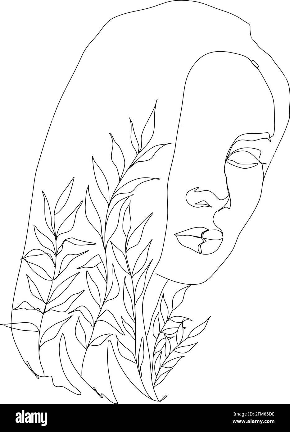 Femme visage portrait avec des plantes dans le style d'art de ligne. Illustration linéaire femelle abstraite. Élégant et tendance, dessin au trait continu. Illustration de Vecteur