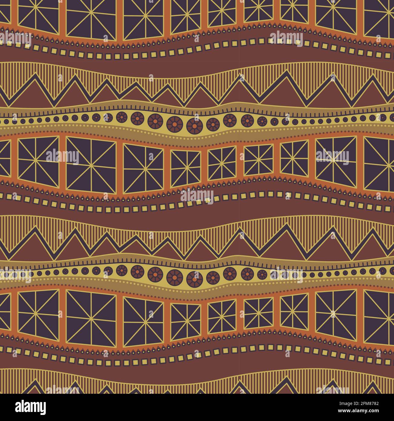 Motif géométrique sans couture basé sur des ornements africains dans des tons bruns. Les lignes ondulées avec des motifs différents se remplacent. Illustration de Vecteur