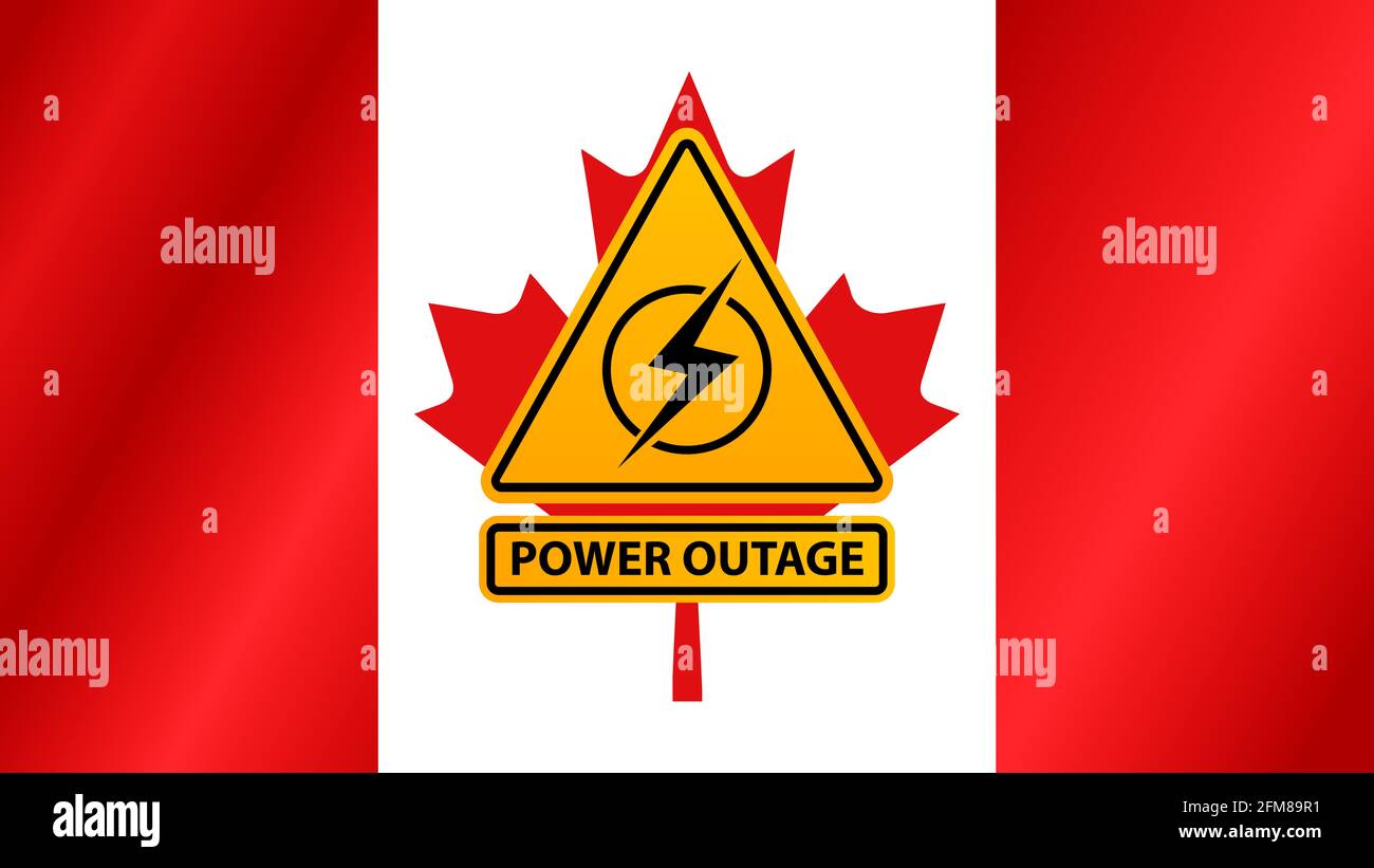 Coupure de courant, panneau d'avertissement jaune sur le fond du drapeau du Canada Banque D'Images