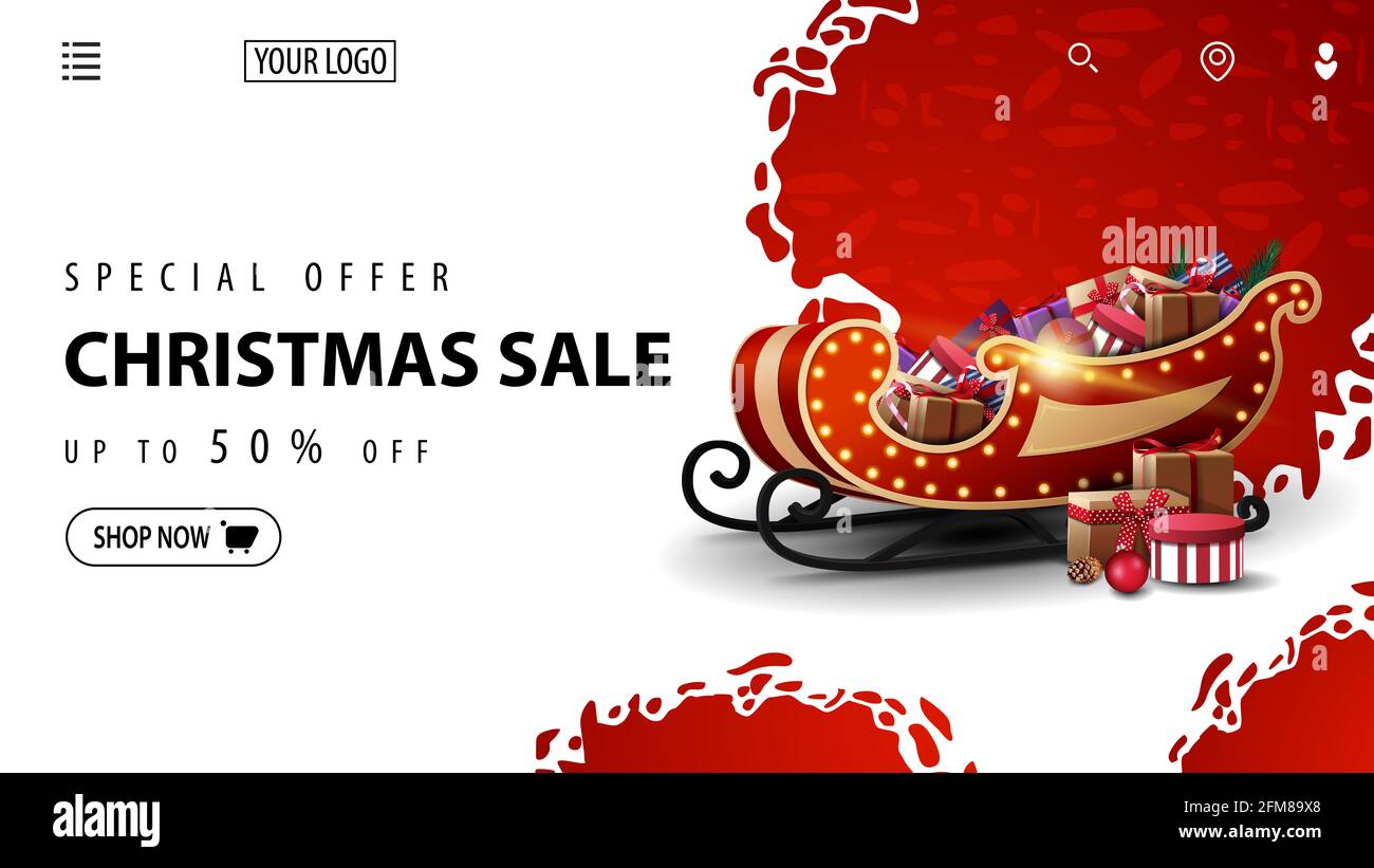 Offre spéciale, solde de Noël, jusqu'à 50 rabais, bannière de réduction blanche et rouge pour le site Web avec Santa Sleigh avec cadeaux Banque D'Images