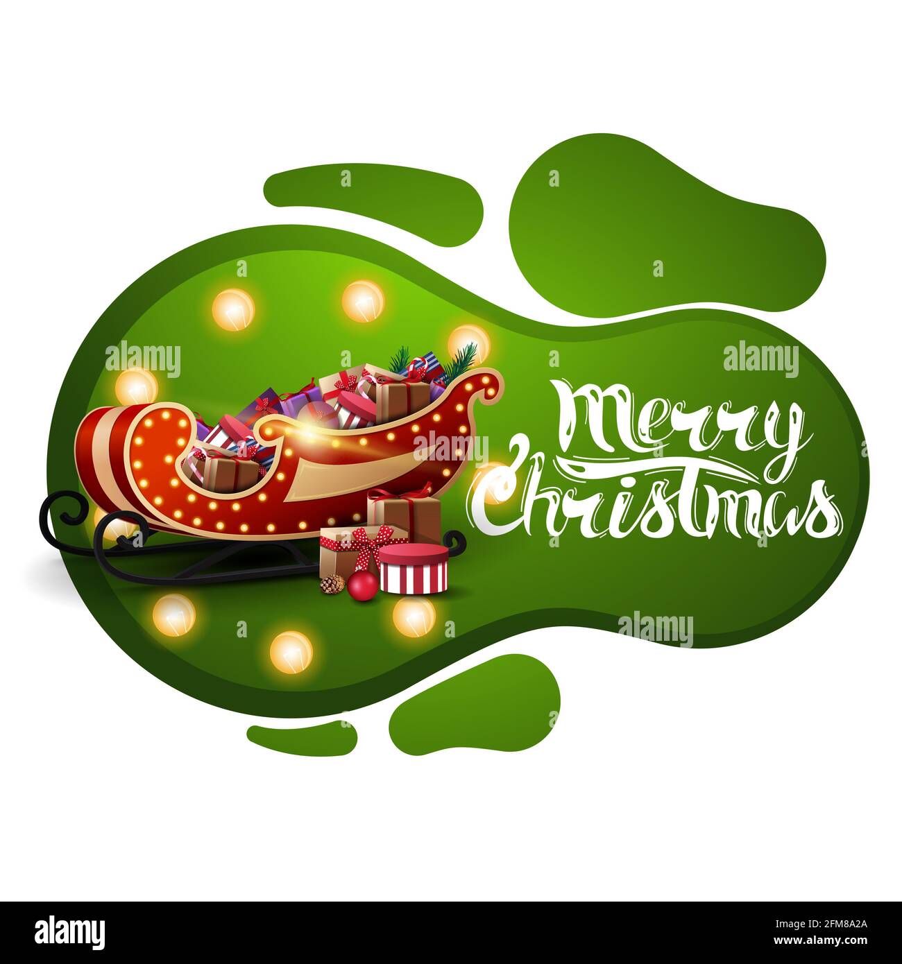Joyeux Noël, carte postale verte en forme de lampe de lave avec ampoule jaune et Santa Sleigh avec des cadeaux isolés sur fond blanc Banque D'Images
