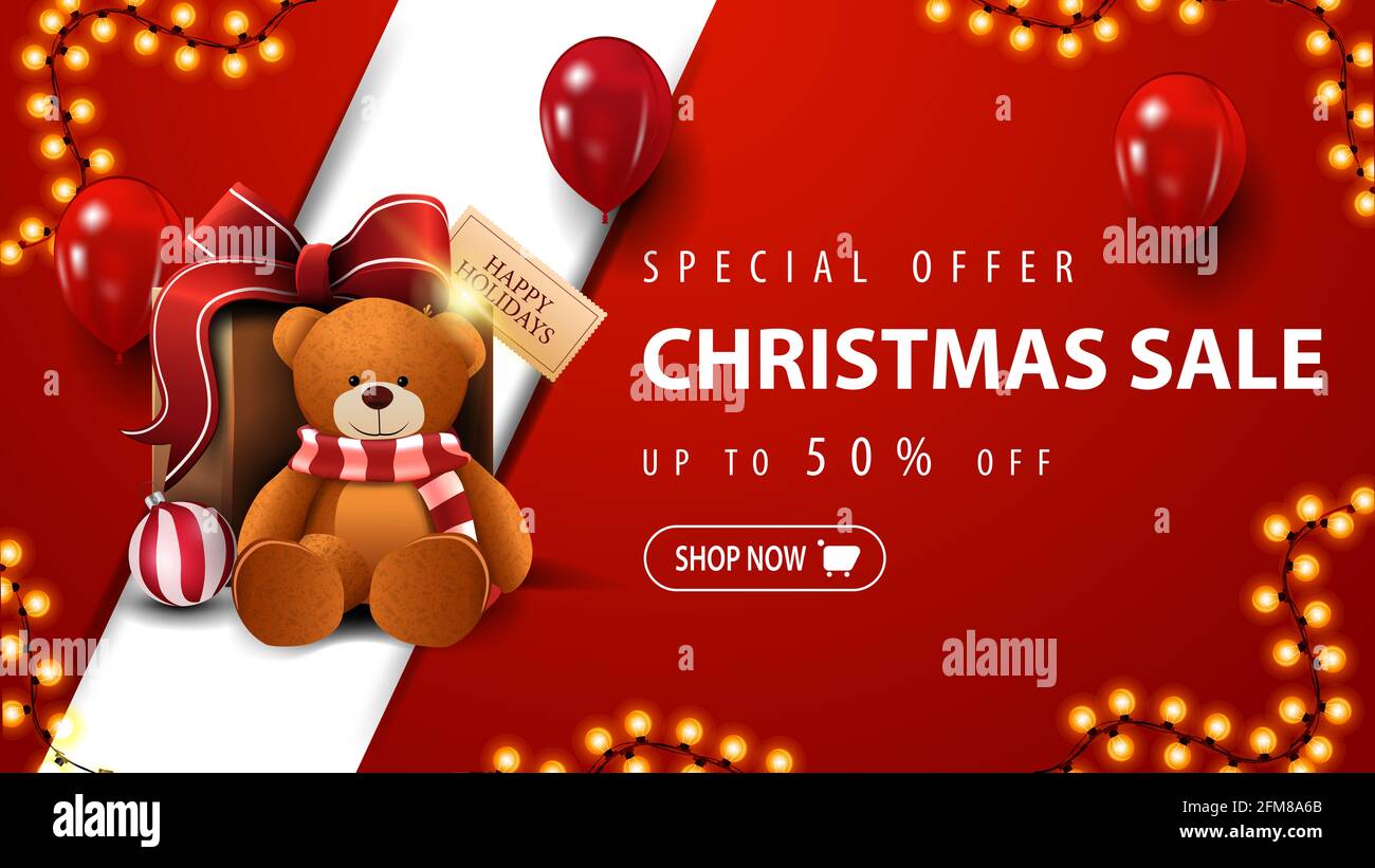 Offre spéciale, solde de Noël, jusqu'à 50 rabais, bannière de réduction rouge avec guirlande, ballons rouges et cadeau avec ours en peluche Banque D'Images