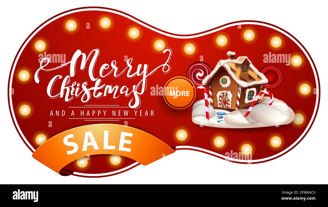 Joyeux Noël et bonne année, bannière rouge avec ampoules, ruban orange et maison de pain d'épice de Noël Banque D'Images
