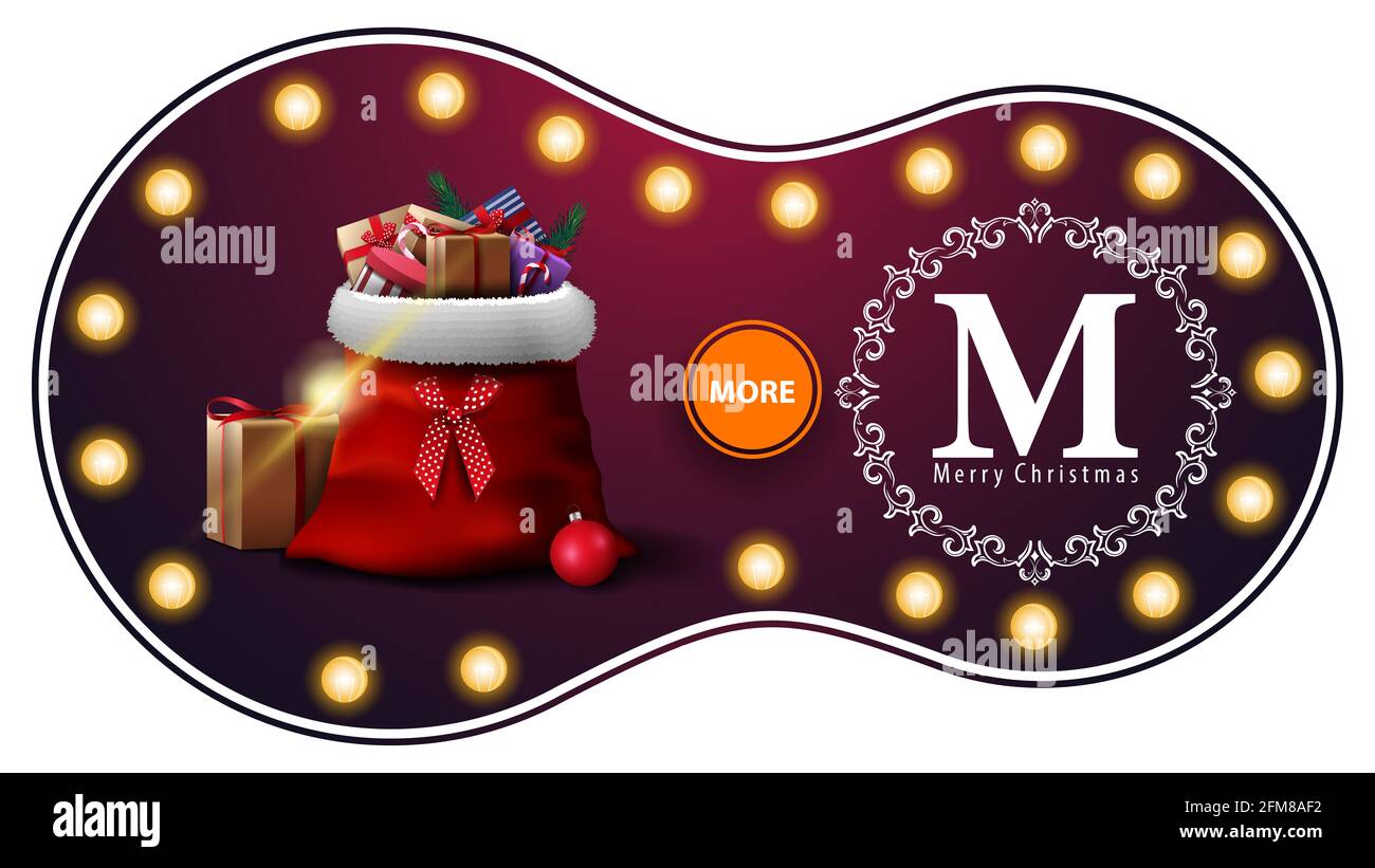 Joyeux Noël, bannière de réduction violette avec ampoules, logo de bienvenue ajouré et sac du Père Noël avec cadeaux Banque D'Images