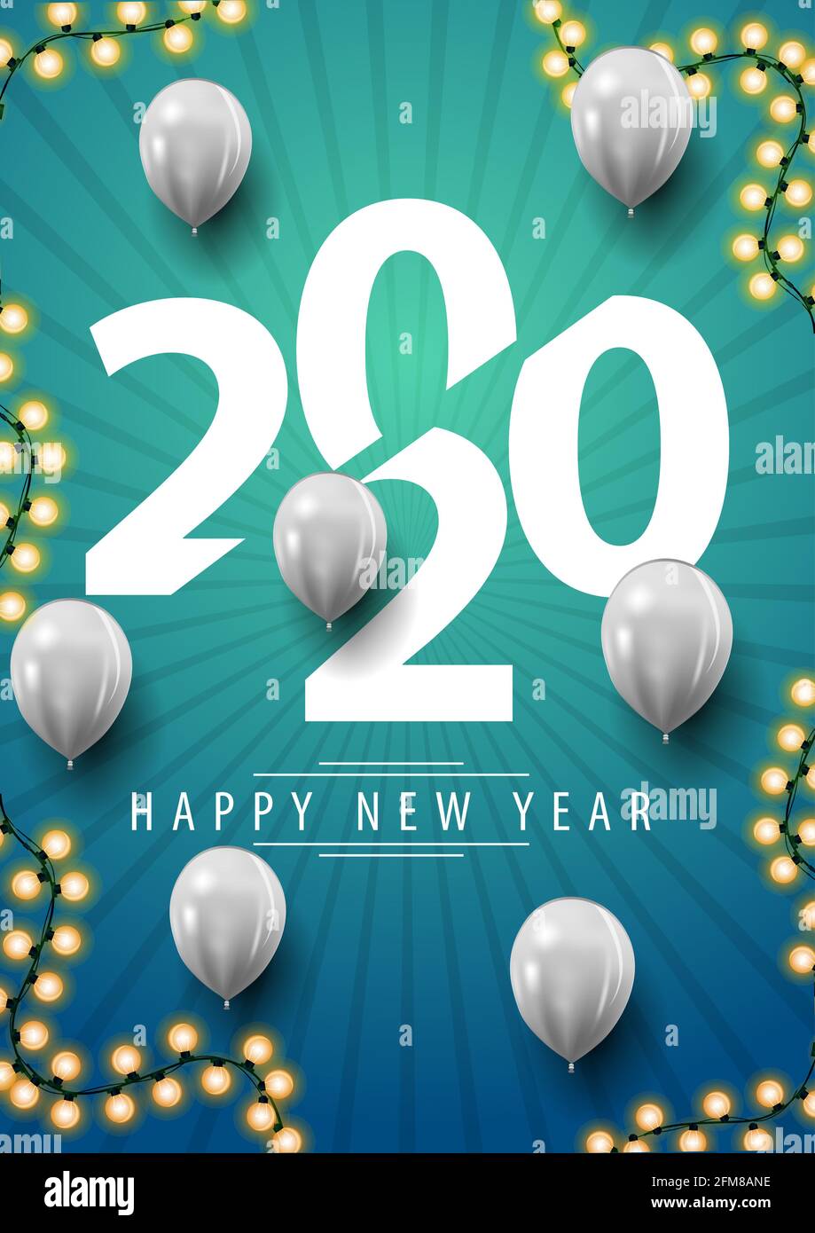 Bonne année, 2020, carte postale verticale bleue avec grands nombres, guirlande et ballons blancs Banque D'Images