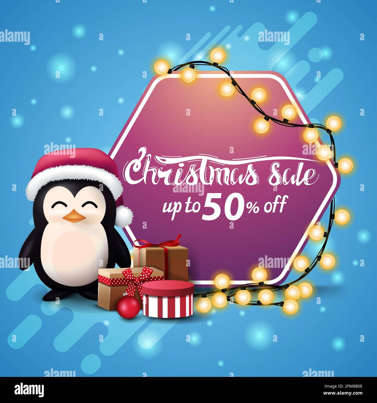 Solde de Noël, jusqu'à 50 $ de rabais, bannière carrée bleue avec guirlande enveloppée de panneau hexagonal rose, pingouin en chapeau du Père Noël avec cadeaux et arbre de Noël Banque D'Images