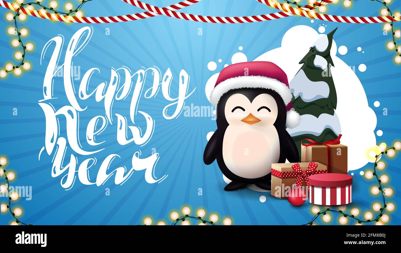 Bonne année, carte postale bleue avec nuage abstrait de cercles, guirlandes et pingouin en chapeau du Père Noël avec cadeaux Banque D'Images