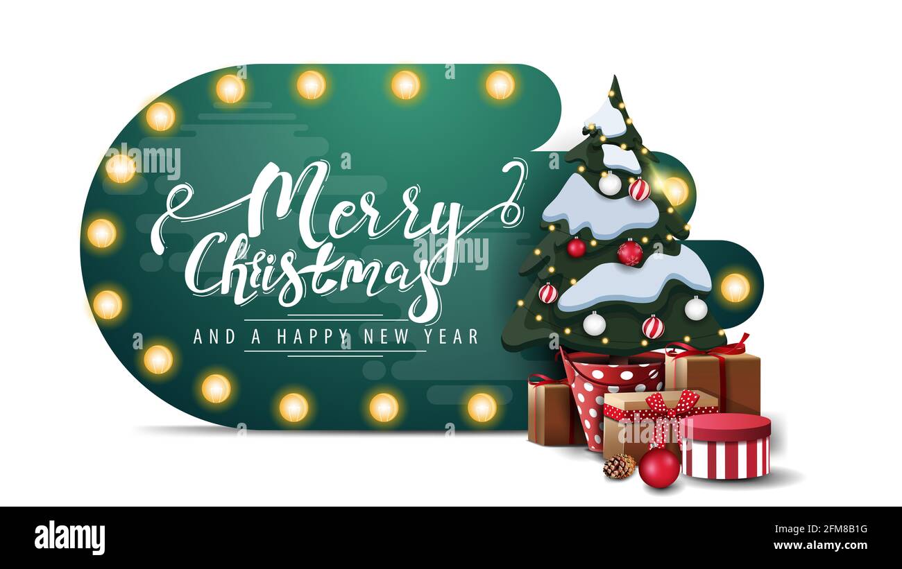 Joyeux Noël et bonne année, carte verte en forme abstraite avec ampoules et sapin de Noël dans un pot avec des cadeaux isolés sur fond blanc Banque D'Images