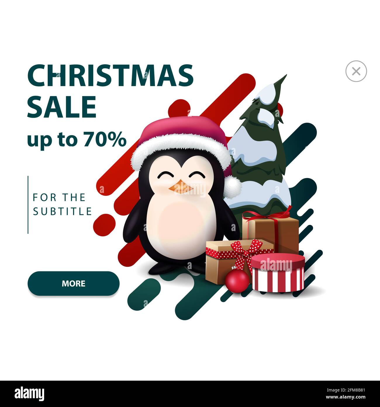 Solde de Noël, jusqu'à 70 rabais, promotion sur le site Web avec formes abstraites dans les couleurs rouge et vert et pingouin en chapeau du Père Noël avec prése Banque D'Images