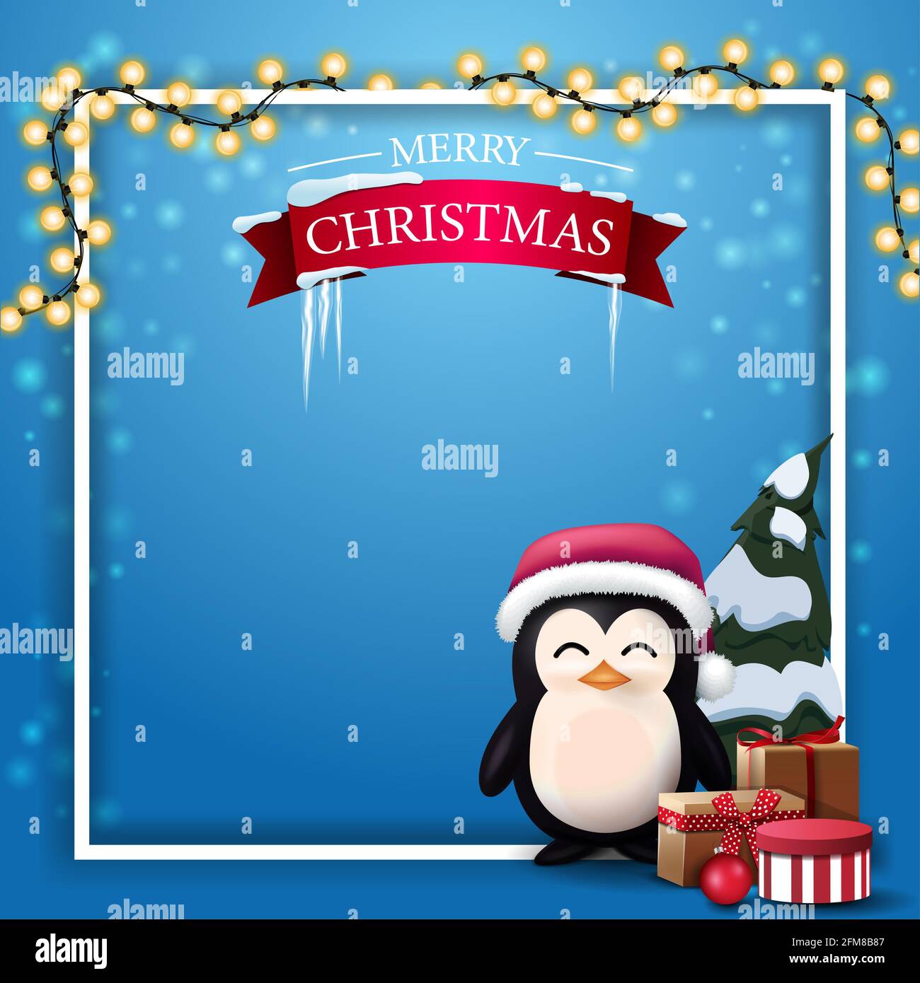 Modèle blanc de Noël pour vos arts avec place pour le texte, la guirlande, le cadre blanc et le pingouin dans le chapeau du Père Noël avec des cadeaux Banque D'Images