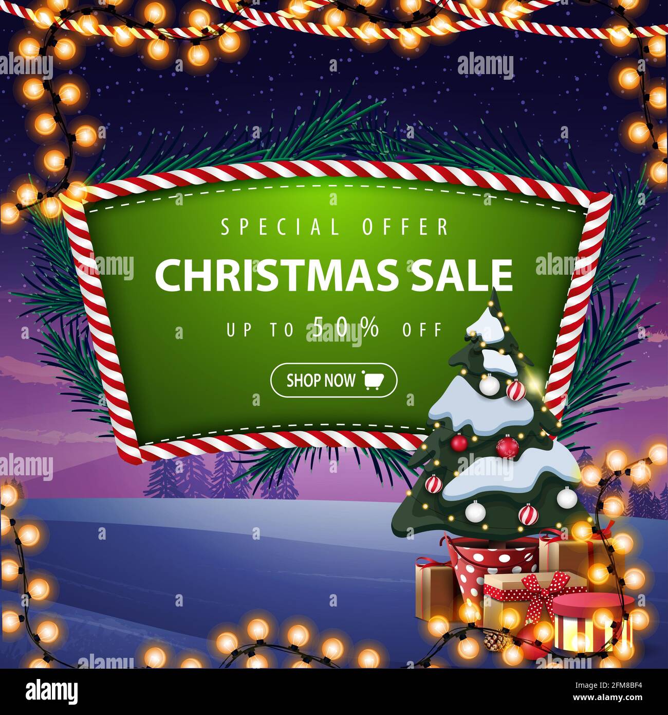 Offre spéciale, solde de Noël, jusqu'à 50 rabais, bannière de réduction verte avec branches d'arbres de Noël, guirlande, paysage d'hiver sur le fond et Chris Banque D'Images