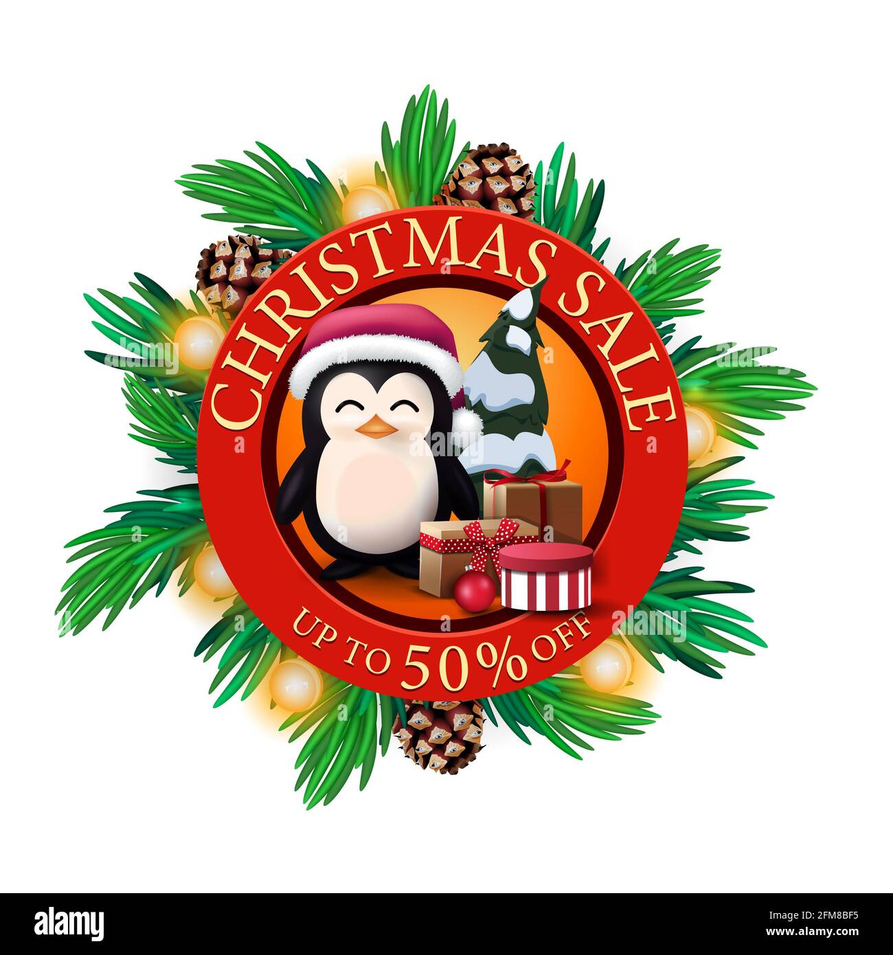Solde de Noël, jusqu'à 50 rabais, bannière de réduction ronde rouge avec branches d'arbre de Noël, cônes, bulbes et pingouin en chapeau du Père Noël avec cadeaux Banque D'Images
