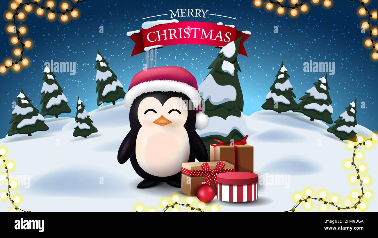 Joyeux Noël, carte postale avec paysage d'hiver de nuit de bande dessinée et pingouin en chapeau du Père Noël avec cadeaux Banque D'Images