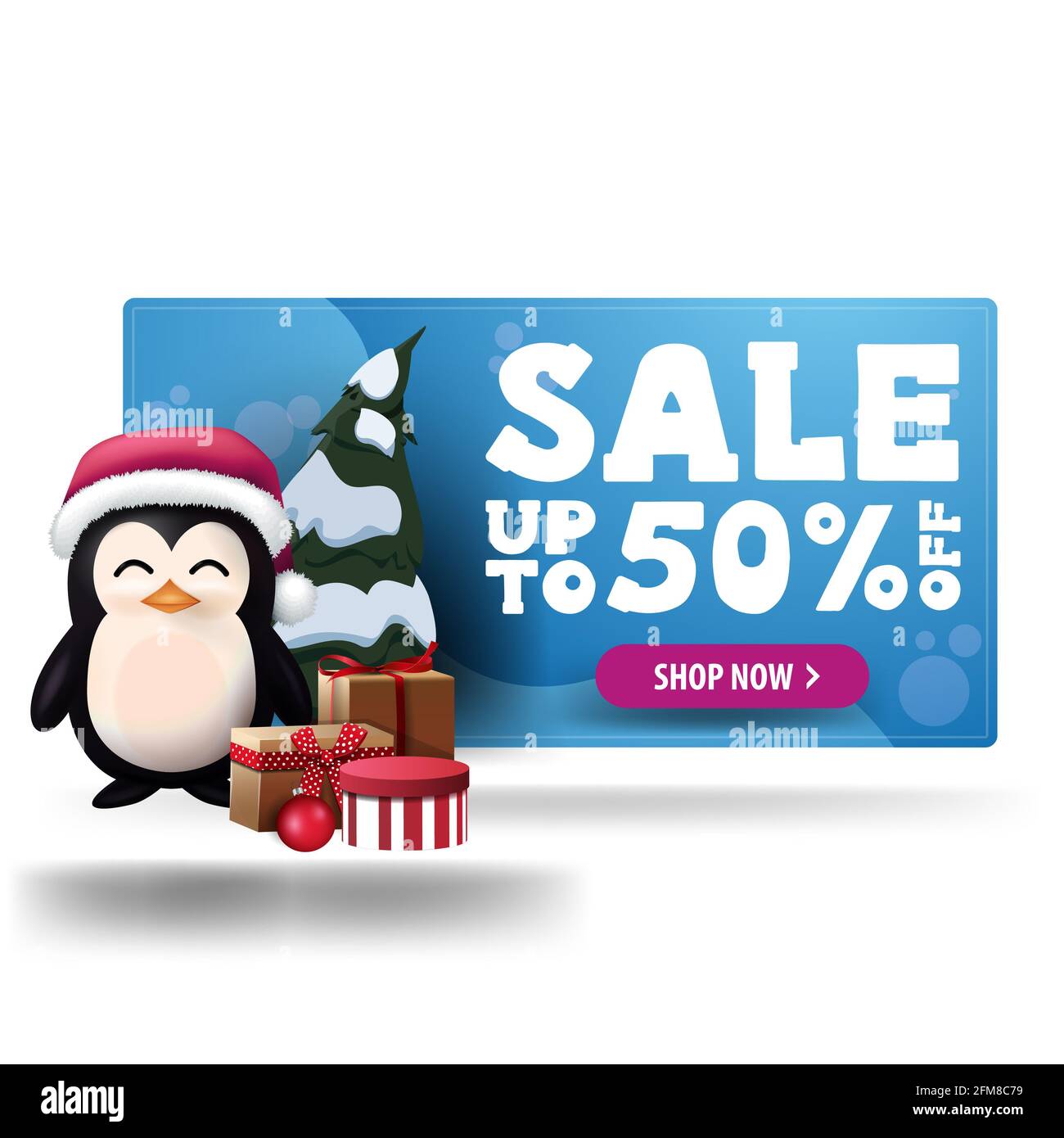 Bannière 3D de Noël avec réduction jusqu'à 50, bouton violet et pingouin en chapeau du Père Noël avec cadeaux Banque D'Images