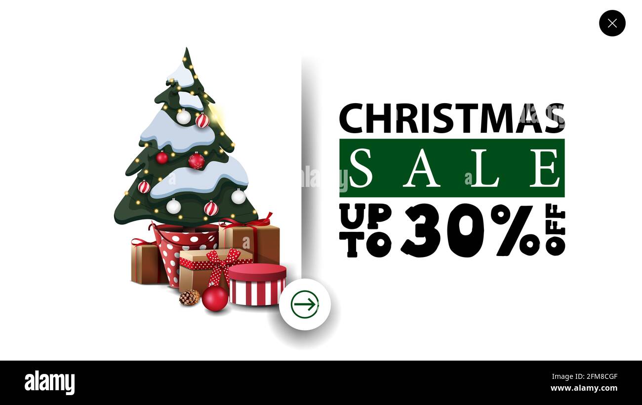Solde de Noël, jusqu'à 30 rabais, bannière blanche de réduction dans le style minimaliste pour le site Web avec arbre de Noël dans un pot avec des cadeaux Banque D'Images