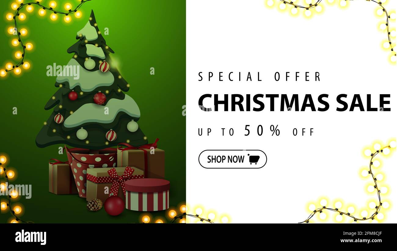Offre spéciale, solde de Noël, jusqu'à 50 rabais, bannière de réduction horizontale blanche et verte avec bouton, teinte verte et sapin de Noël dans un pot avec gif Banque D'Images