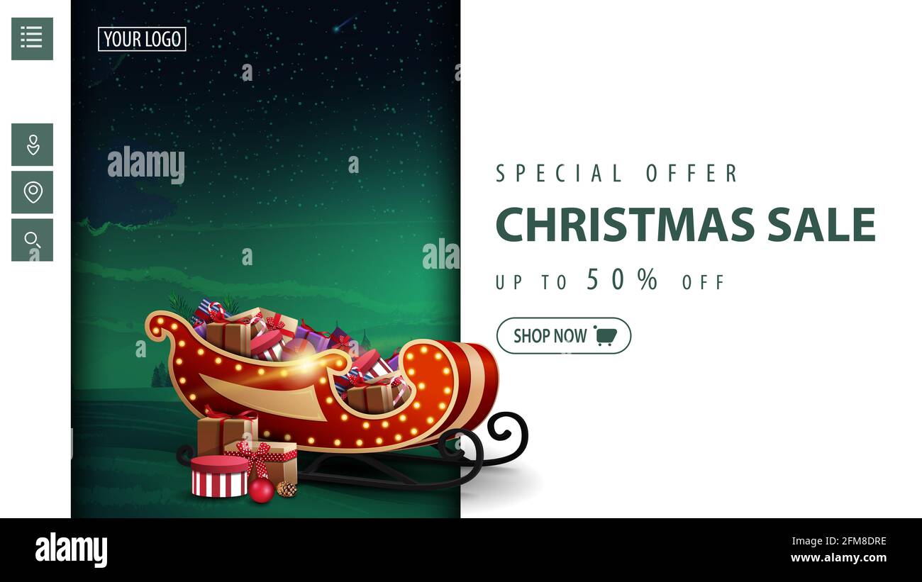 Offre spéciale, solde de Noël, jusqu'à 50 rabais, bannière de réduction moderne blanche et verte pour le site Web avec et paysage d'hiver teinté et Santa Sleigh avec Banque D'Images