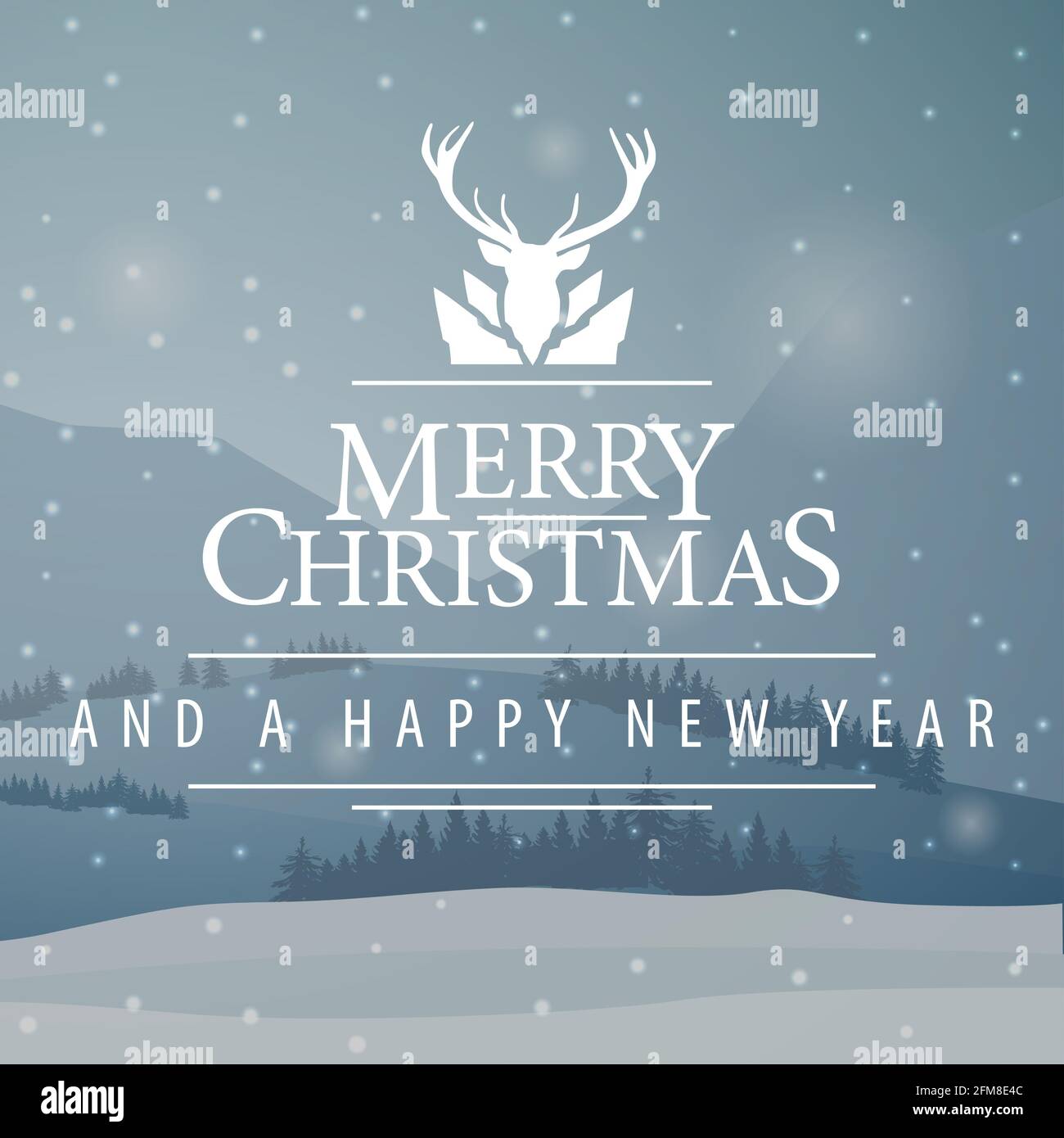 Joyeux Noël et bonne année, carte postale carrée grise avec paysage d'hiver et logotype de salutation avec cerf Banque D'Images