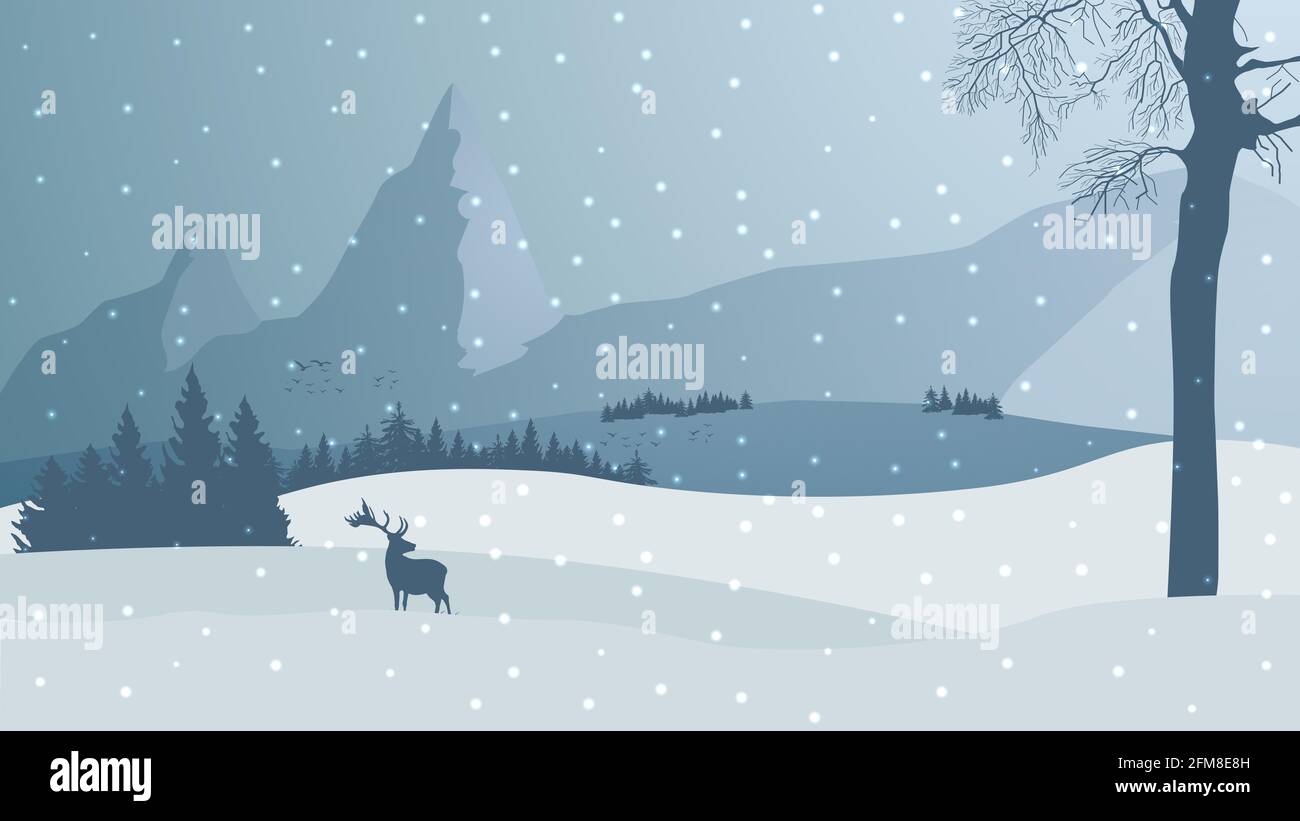 Paysage d'hiver avec montagnes, pins, forêt, chute de neige, arbre solitaire et silhouette de cerf Banque D'Images