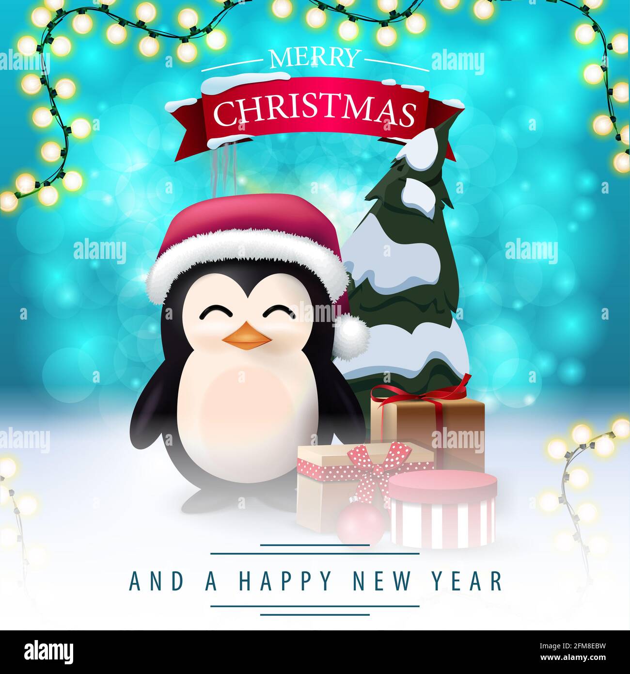 Joyeux Noël et bonne année, carte postale carrée avec fond bleu flou, cadre de guirlande et pingouin en chapeau de Père Noël avec cadeaux Banque D'Images