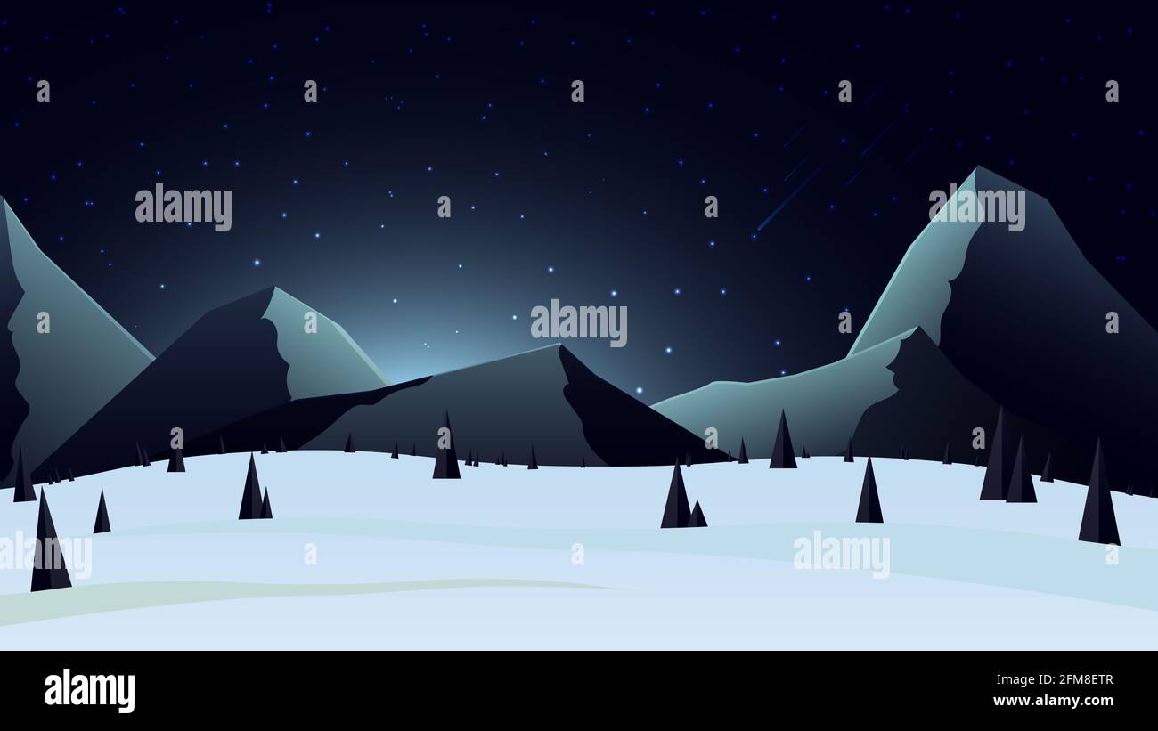 Paysage d'hiver avec des montagnes enneigées à l'horizon et un ciel étoilé bleu. L'hiver pour vos arts Banque D'Images
