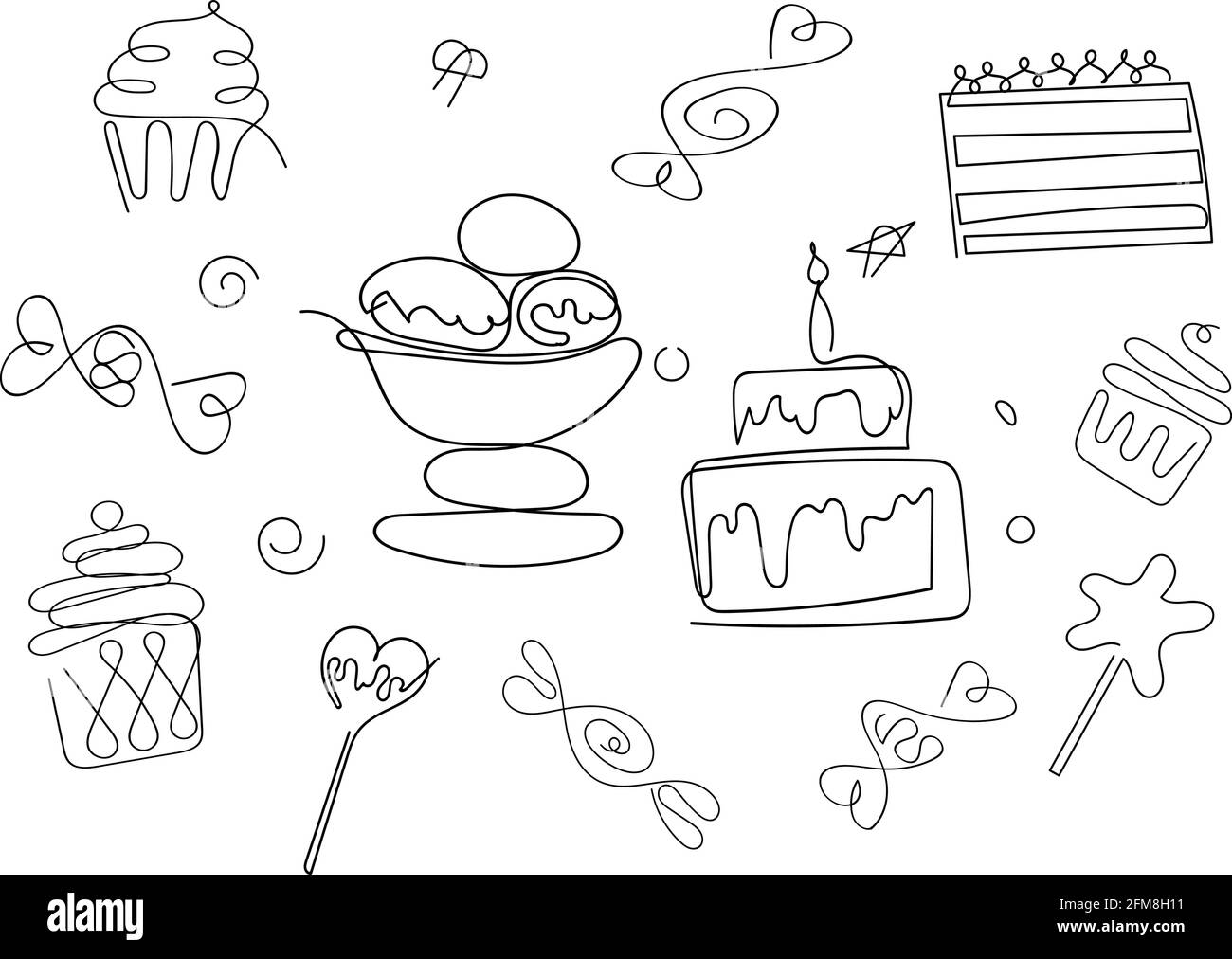 Les desserts et les sucreries sont dessinés par une seule ligne Illustration de Vecteur