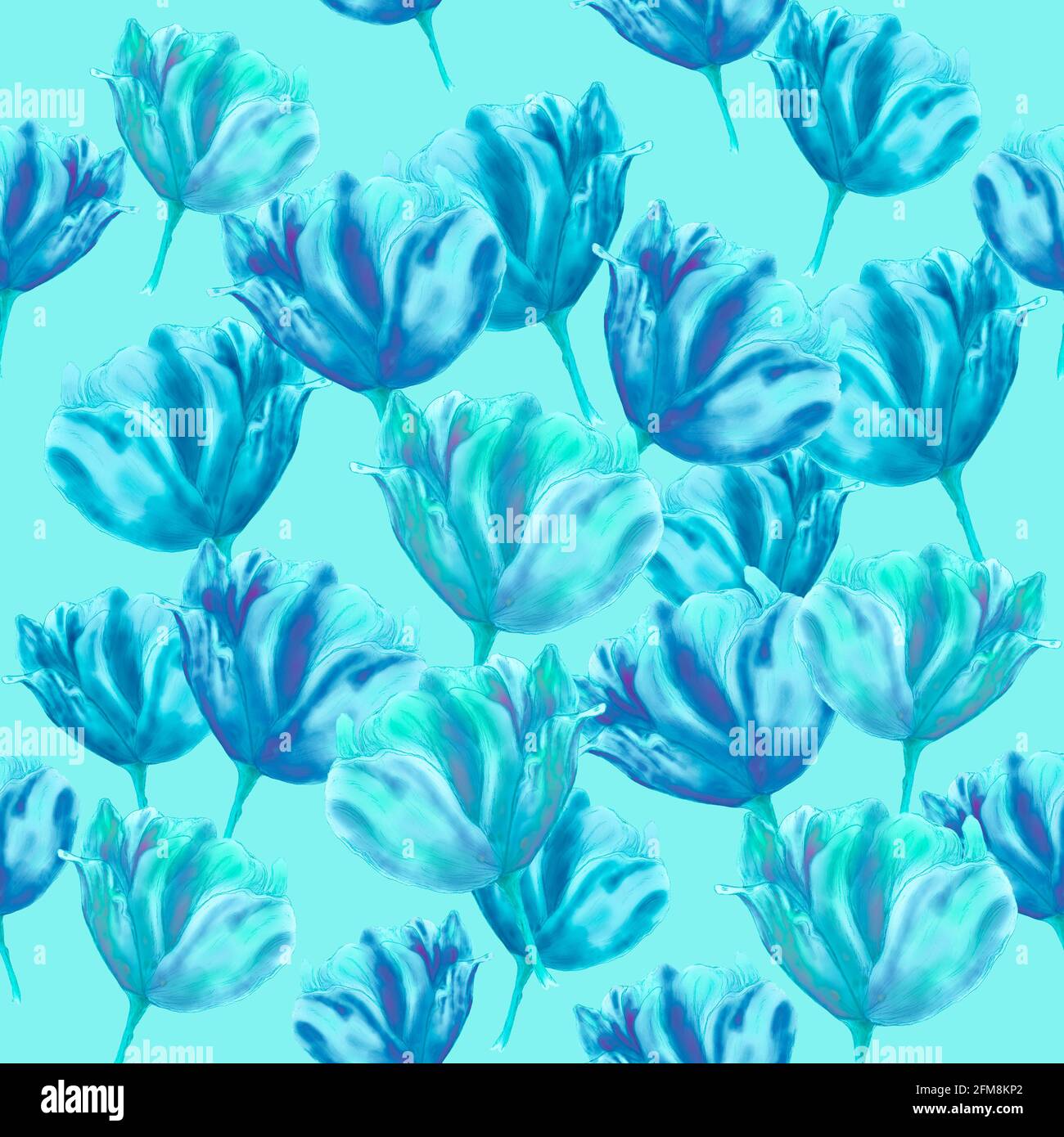 Têtes de tulipe aquarelle. Fleurs bleu fluo. Motif fleuri sans coutures. Ornement pour impression textile ou papier, cartes et fond. Banque D'Images
