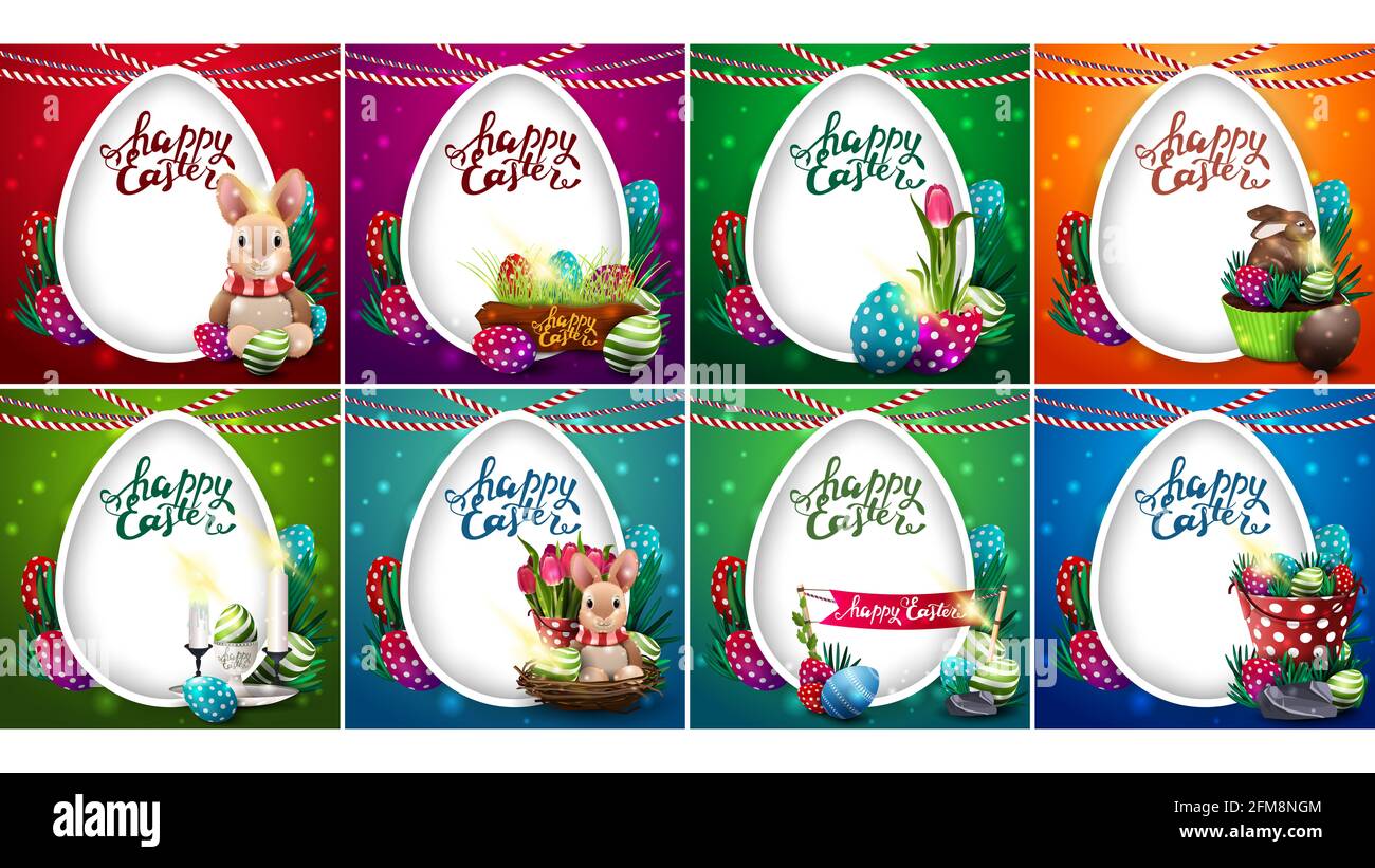 Joyeuses Pâques, cartes postales carrées de collection avec icônes de Pâques, lettrage et grand œuf blanc prêt à l'impression. Carte de Pâques de style dessin animé Banque D'Images
