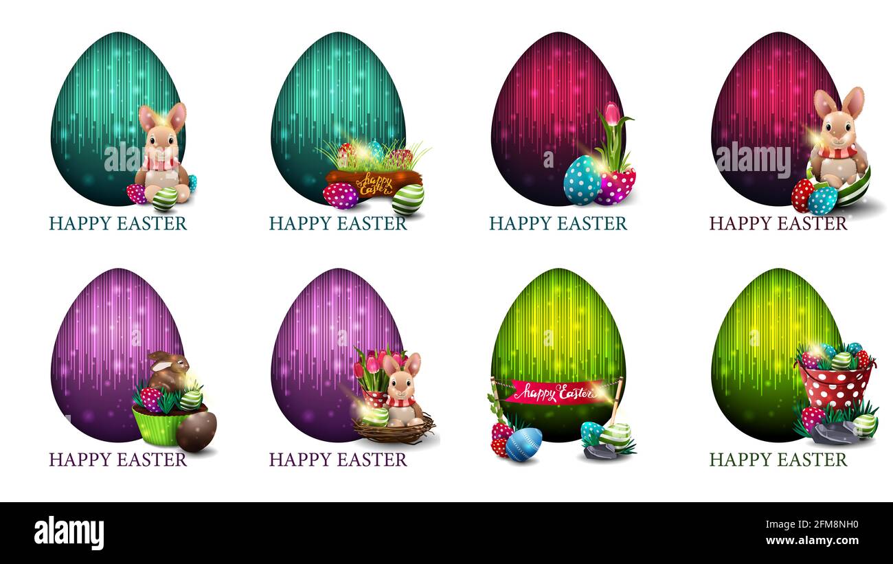 Joyeuses Pâques, grand ensemble de cartes postales colorées lumineuses avec des icônes de Pâques, un grand œuf décoratif et un espace de copie. Carte de Pâques de style dessin animé Banque D'Images