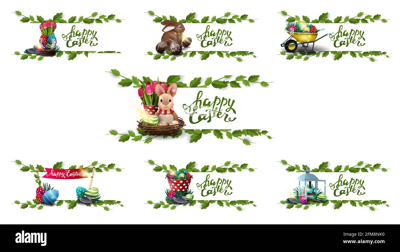 Joyeuses Pâques, cartes postales de collection avec icônes de Pâques et cadre de liana isolé sur fond blanc pour vos arts Banque D'Images