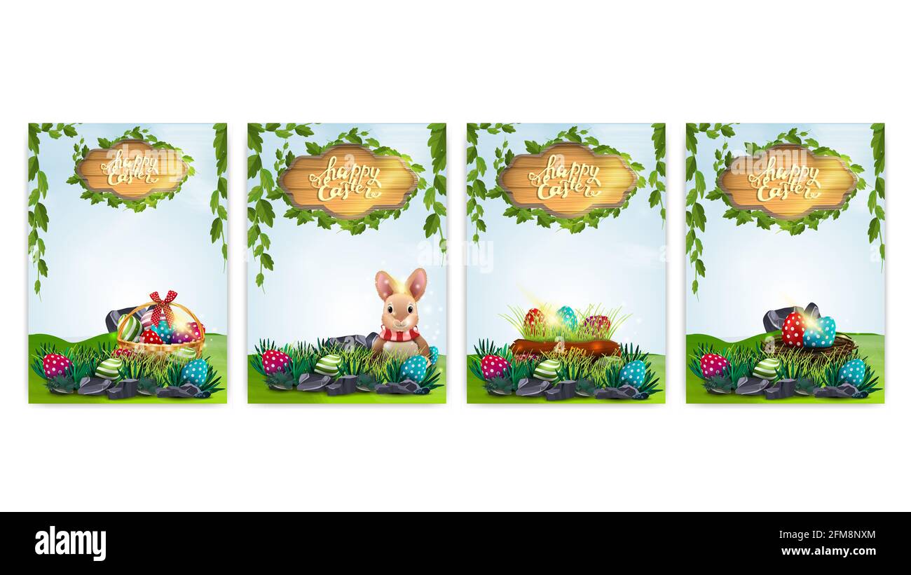 Joyeuses Pâques, cartes postales de collection avec icônes de Pâques et paysages de printemps. Affiches de Pâques isolées sur fond blanc prêtes à l'impression Banque D'Images
